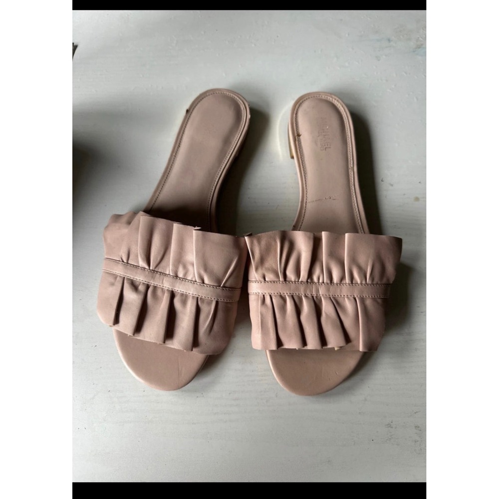 Michael Kors Pink Ruffle Leather Slide Sandals Gold Heel Accent Womens 9M PW171